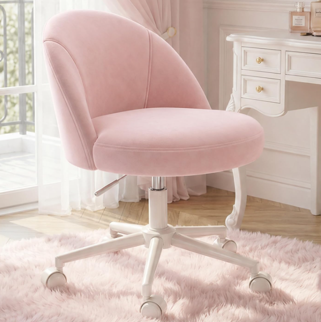 Pink Swivel Vanity Stool With Backrest And Wheels